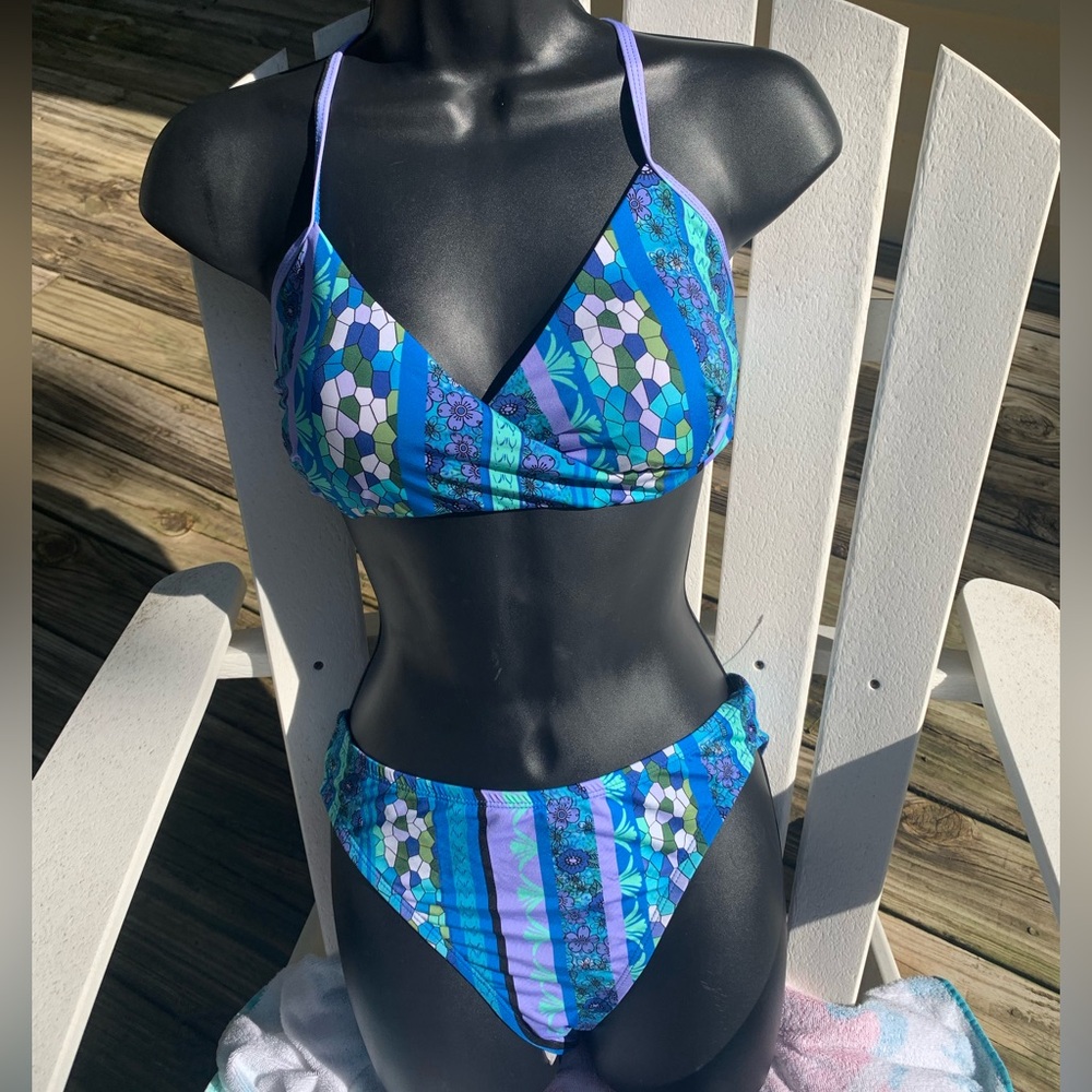 Lucky Brand Swimsuit Bikini Top & Hipster Bottom M Boho Hippie Blue 2 Piece New